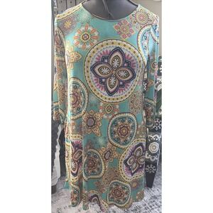 Honeyme Teal Mandala Medallion Print 3/4 Sleeve Shift Dress Small GRAPE-1783V